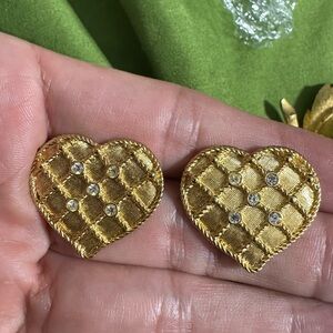 Vintage Gold Tone Rhinestone Heart Stud Earrings